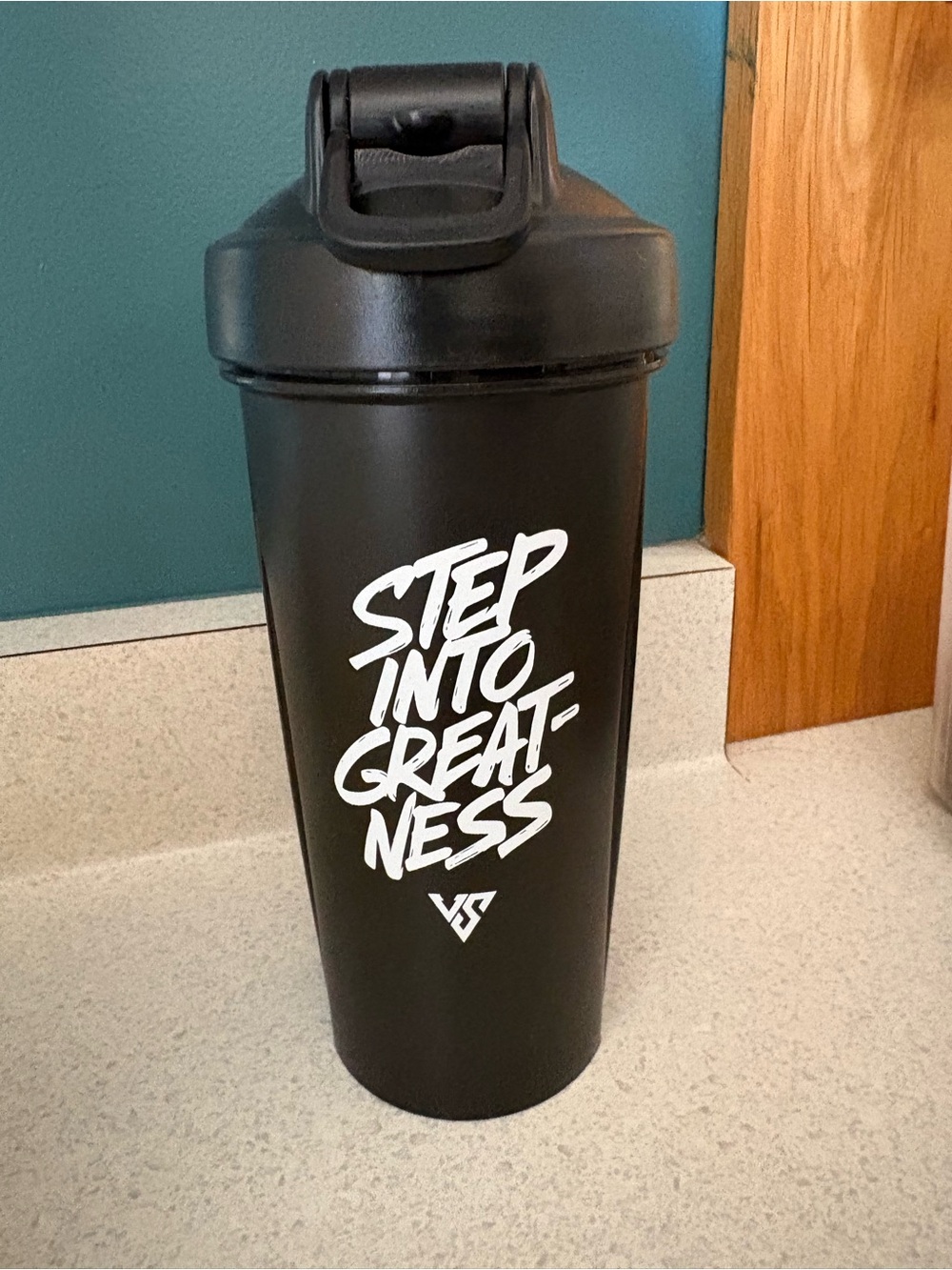Black Motivational Shaker Bottle - "Step Into Greatness"